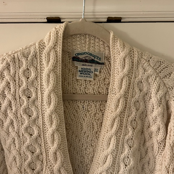 Aran Crafts 100% Merino Wool Ivory Cable Knit Cardigan Button Down Pockets XXL - Picture 5 of 9